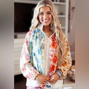 BEULAH STYLE NWT Rainbow Floral Mandarin Collar Button Front Blouse Size Large